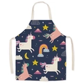 Navy blue cotton linen apron featuring cute cartoon unicorn and rainbow prints - Dark Blue Fairy Tale Unicorn (WQ05-7)