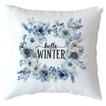 Blue snowflake reindeer pillow cover with hello WINTER text on white festive cushion - 18x18 Inch / Hello Winter Wreath Style (CRD515-5)