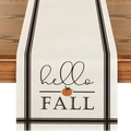 Linen autumn table runner with pumpkin and hello fall print on a rustic wood table - 33*183cm / hello FALL Pumpkin Style (ZQ36-18)