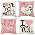 Set of four linen Valentine pillow covers with pink heart designs and Love You More text - 45x45cm / TQR87-1