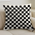 Close-up of square cushion with black and white geometric wave pattern on beige sofa - 45cmx45cm / Black And White Wave Geometric (XMS70-16)