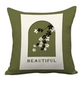 Detail of olive green pillow cover featuring vintage floral print and 'BEAUTIFUL' text - Olive Green Arch Floral Branches Style (HMDS5-11) / Double Sided Short Plush Without Insert