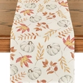 Linen table runner with autumn harvest pattern featuring white pumpkins and maple leaves - 33*183cm / Beige Pumpkin Autumn Leaf Style (ZQ36-22)