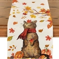 Autumn linen table runner featuring a cartoon cat with maple leaves and pumpkins - 33*183cm / Cartoon Cat Pumpkin Style (ZQ36-23)