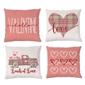4er-Set Valentinstag Kissenbezüge aus Leinen mit LKW und Herz-Karomuster in Rosa - 45x45cm / TQR87-6