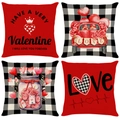 4er-Set Valentinstag-Kissenbezüge aus Leinen mit roten Herzen und Karomuster - 45x45cm / TQR87-7