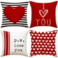 Set aus vier roten und weißen Leinenkissenbezügen mit Herzmustern und I Love You Text - 45x45cm / TQR87-8