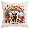 Detail of linen pillowcase with cute Scottish cow, colorful hearts and Love You text - 45*45cm Linen Single Sided (YMD08-6)