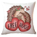 Detail of white throw pillow cover with hugging hedgehogs and Free Hugs text art - Hedgehog Hug Illustration Style (CRD12-20) / Short Plush Single Side Without Core
