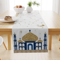 Nahaufnahme eines weißen Tischläufers mit goldenem Moschee- und blauem Mondmuster-Dekor - Weiß Gold Gebäude Stern Mond Stil (ZQ43-3)