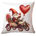 Detail of white square pillow cover with gnome driving a vintage car with red heart balloon - Gnome Driving Champagne Gold Car Style (CRD15-21) / 45x45cm