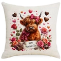 Valentine's Day Highland Cow throw pillow cover with floral hearts and festive bow - Valentine Blessing Cow (YMD08-3) / 45*45cm Linen Single Sided (YMD08-3)