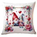Detail of Valentine cushion cover featuring cute gnomes, pink hearts and floral wreath - Gnome Couple on Flowery Swing Style (CRD15-18) / 45x45cm