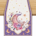Runner da tavola boho con motivi acquerello di luna e fiori su tessuto bianco - Stile Geometrico Floreale Luna Viola (ZQ43-8)
