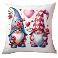 Detail of white square pillowcase with cute Valentine gnomes and red heart illustration - Gnome with Flowers and Large Heart Style (CRD15-14) / 45x45cm