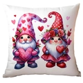 Detail of Valentine gnome couple illustration with pink hearts on a square pillowcase - Archery Gnome Couple Style (CRD15-9) / 45x45cm