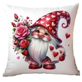 Detail of white linen cushion cover featuring a Valentine gnome holding red roses - Gnome Holding Card and Roses Style (CRD15-6) / 45x45cm