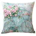 Frühlings-Kissenbezug in Mintgrün mit Vintage-Fahrrad und rosa Rosen-Illustration - Vintage Fahrrad Rosen Muster (CRD20-1) / 45x45cm Einseitiger Druck
