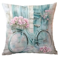 Minzgrüner Kissenbezug mit Frühlingsblumen, Vintage-Fahrrad und rosa Rosen-Dekor - Europäische Tür Fahrrad Muster (CRD20-3) / 45x45cm Einseitiger Druck