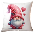 Square Valentine pillow cover with cute gnome illustration and red hearts on a white base - Pink Hat Gnome with Roses Style (CRD15-4) / 45x45cm