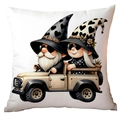Detail of white gnome cushion cover featuring cartoon gnomes in a retro beige car - Gnome Off-road Vehicle (CRD21-8) / 45*45cm Short Plush Single Sided Without Core