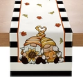Linen table runner with autumn gnomes and pumpkins over black and white stripes - 33*183cm / Heart Hat Gnomes Style (ZQ36-37)