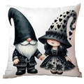 Close-up of heart-themed gnome couple illustration on black and white pillow cover - Gnome Couple Standing (CRD21-5) / 45*45cm Short Plush Single Sided Without Core
