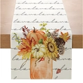 Linen table runner with autumn pumpkins, maple leaves, and sunflowers on love script background - 33*183cm / love Print Pumpkin Sunflower Style (ZQ36-39)