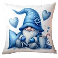 Blauer Aquarell-Gnom Kissenbezug für Valentinstag mit Herz und Kakao-Motiven im Winter - 45x45cm Kurzplüsch Ohne Kern / Winter Gnom mit Heißgetränk (CRD14-2)