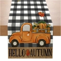 Linen table runner with black buffalo plaid and orange pumpkin truck hello autumn motif - 33*183cm / HELLO AUTUMN Plaid Pickup Style (ZQ36-41)