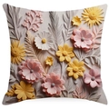 Detail of 3D embossed floral pattern on square decorative pillowcase with sun flower design - Square (Without Core) / Pink Yellow Relief Art (YMD10-6)