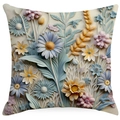 Close-up of 3D embossed floral pattern on square pillowcase with daisies and leaves - Square (Without Core) / Fresh Relief Daisy (YMD10-9)