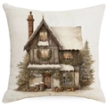 Federa natalizia in lino con illustrazione vintage ad acquerello casa invernale - 45x45 cm / Stile Casa sulla Neve Retrò (YMD514-1)