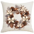 Fodera per cuscino natalizia in lino con ghirlanda di pigne e fiocco crema vintage - 45x45 cm / Stile Corona con Fiocco Natalizio (YMD514-2)