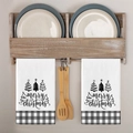Set di due asciugamani natalizi bianchi con alberi, bordo a quadretti e Merry Christmas - Motivo MJB01-18