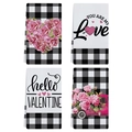 Set van 4 Valentijnsdag keukendoeken met roze rozen en zwart-wit buffalo ruitjes patroon - Feestelijke Gemengde 4-Delige Set (VKT002-5)