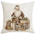 Fodera per cuscino natalizio in lino con Babbo Natale vintage e scatole regalo - 45x45 cm / Stile Babbo Natale Retrò (YMD514-4)