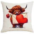 Cute Highland Cow with heart envelope pillow cover in cream linen style fabric - 45*45cm Linen Single Sided (YMD08-7)