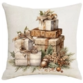 Federa natalizia in lino con illustrazioni ad acquerello di regali e rami di pino - 45x45 cm / Stile Pile di Scatole Regalo Festive (YMD514-5)