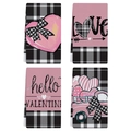 Set di 4 strofinacci da cucina per San Valentino con cuori rosa e motivi a quadri neri - Set da Quattro Pezzi (VKT005-5)