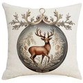 Fodera per cuscino natalizia in lino con stampa di renna vintage su tessuto crema - 45x45 cm / Stile Renna con Cornice a Sfera (YMD514-6)