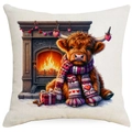 Square pillowcase featuring a cute highland cow with a scarf and fireplace print - 45*45cm Linen Single Sided (YMD08-10)
