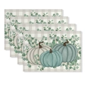Lot de 4 sets de table de Thanksgiving avec citrouilles et feuilles sur fond à carreaux - Citrouille Aquarelle Eucalyptus (CD61-2) / Texture en lin