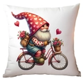 White pillow cover featuring a gnome on a pink bicycle with red hearts design - Gnome Riding Pink Bicycle Style (CRD15-5) / 45x45cm