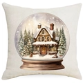 Federa natalizia in lino con palla di neve e motivo di una casa invernale - 45x45 cm / Stile Sfera di Neve Baita Invernale (YMD514-9)