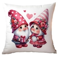 Square white pillowcase featuring cute gnome couple with red hearts and flowers - Gnome Holding Pink Gift Box Style (CRD15-8) / 45x45cm