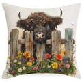 Funda de cojín cuadrada con diseño de vaca de las tierras altas y flores silvestres - Estilo Vaca de las Tierras Altas Asomada (TQYM71-6) / 45*45cm Lino de una sola cara