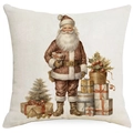 Illustrazione vintage di Babbo Natale su federa in lino con motivi a tema regali natalizi - 45x45 cm / Stile Babbo Natale che Tiene Scatola Regalo (YMD514-11)