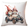 White square cushion cover with cute gnomes in a vintage car and pink hearts - Gnome Driving Vintage Car Style (CRD15-12) / 45x45cm