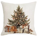 Federa in lino con albero di Natale vintage ad acquerello e pacchi regalo - 45x45 cm / Stile Albero di Natale Decorato con Regali (YMD514-12)